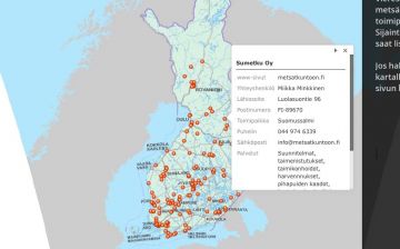 Metsäpalveluyrittäjien toimipisteet on sijoitettu Suomen kartalle.  