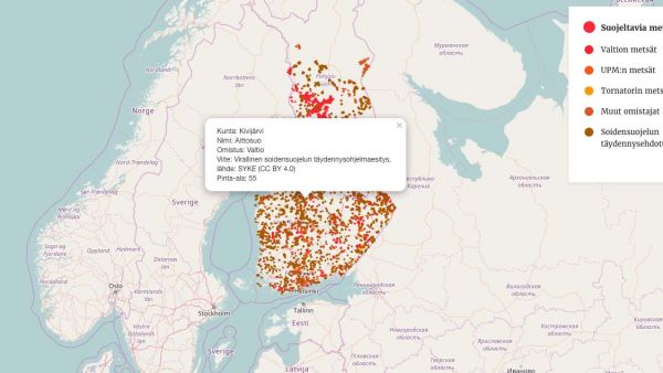 Suojeltavaksi esitetyt kohteet on merkitty karttaan eri väreillä. Kohdetta klikkaamalla kohteesta saa lisätietoja.