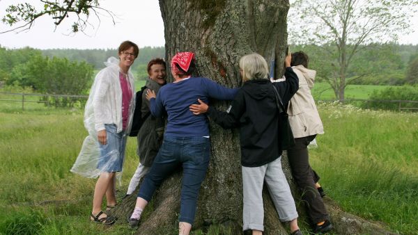 Tammivanhusta mahtui tervehtimään useampi halaaja. (Kuvaaja: Maa- ja kotitalousnaisetLeena Lahdenvesi-Korhonen)