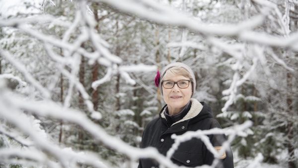 Eeva Karttusen metsänhoitoura alkoi varovaisesti raivaussahalla. Nyt metsässä menee vapaa-aika ja työt sujuvat moottorisahalla. (Kuvaaja: Johanna Kokkola)