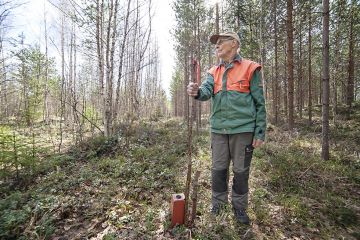 Metsätalousneuvoja Heikki  Hyvönen tilansa rajalla Mäntyharjulla. Arvaa, kumpi puoli on vanhan metsäammattilaisen hoitamaa.  