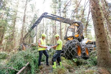 FinnHarvestissa osaava henkilöstö nähdään yrityksen tärkeimpänä voimavarana. Talous- ja kehitysjohtaja Anssi Nykänen (vas.) ja hakkuukoneenkuljettaja Niko Pääkkönen vaihtoivat ajatuksia työstä harvennusleimikolla. (Kuvaaja: Sami Karppinen)