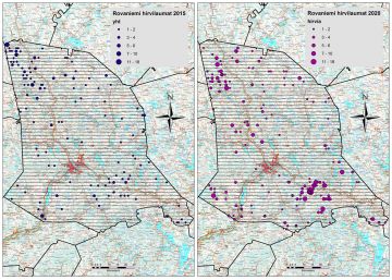 Rovaniemen alueella havaittiin tämän talven lentolaskennoissa enemmän hirviä kuin vuonna 2015. Vasemmalla vuoden 2015 hirvilaumat, oikealla vuoden 2020. Varsinaisen kanta-arvion perusteella hirvien määrä on alueella (hirvitalousalue Lappi 7) kantatavoitteen ylärajalla.  