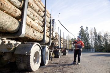 Ulvilalainen Jouni Jokitulppo toi Kumeko Forest Oyn:n toimittaman tukkikuorman Luvian sahalle Porista. Automiehillä riittää nyt kiirettä, kun tukin tarve on kasvanut. (Kuvaaja: Mikko Riikilä)