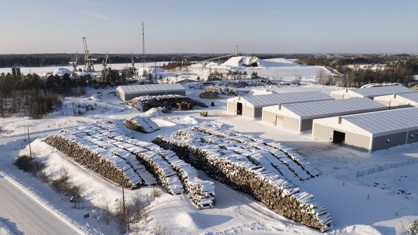 Ulkomailta tuotua energiapuuta varastoidaan Nyvedin terminaalissa Inkoon satamassa (Kuvaaja: Seppo Samuli)