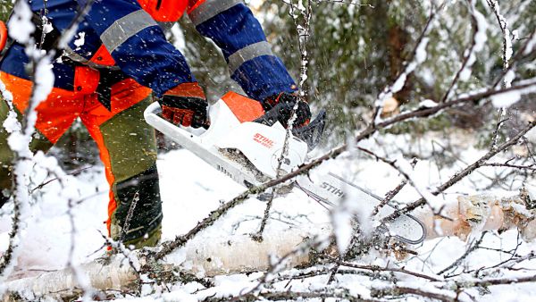 Kuten kuvasta näkyy, akkusahan ulkomuoto ei äkkiseltään eroa suuresti bensasahasta. Polttopuusahailuun sopivien akkusahojen hinta varusteineen jää alle 500 euron. Metsätöihin sopivien akkusahojen kokonaishinnat liikkuvat 500–1 000 euron välissä, tehokkaimpien sahamallien yli tonnissa. (Kuva: Sami Karppinen)