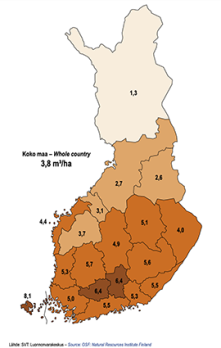 Keskimääräinen hakkuukertymä (m³/ha) puuntuotannon metsämaalla maakunnittain vuonna 2020. Lähde: Luonnonvarakeskus