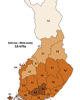 Keskimääräinen hakkuukertymä (m³/ha) puuntuotannon metsämaalla maakunnittain vuonna 2020. Lähde: Luonnonvarakeskus