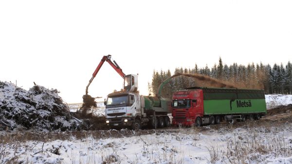 Energialaitokset saavat poltettavaa haketta muun muassa hakkuutähteistä. Kuivanut hakkuutähdekasa voidaan hakettaa paikan päällä metsäautotien varressa. (Kuvaaja: Sami Karppinen)