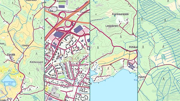 Visualisoituja karttaluonnoksia. (Kuva: Maanmittauslaitos)