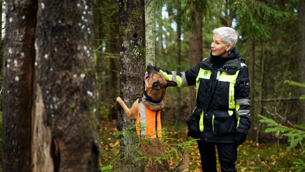 Kolmivuotias Taru-koira ja Tanja Karpela näyttävät, miten liito-oravia etsitään. Harjoitusmaastot ovat lähellä, sillä koti Perniössä sijaitsee liito-oravametsän vieressä. (Kuvaaja: MARIA GRÖNROOS)