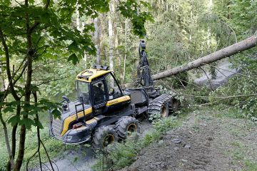  Baijerin rinnemetsissä koneet voivat liikkua vain pengerteillä. Tällä kertaa Ponsse Ergon terissä on neljän kuution puu, jonka Finnharvestin metsuri Riku Kukkonen hetkeä aiemmin oli kaatanut. (Kuvaaja: Sami Karppinen)