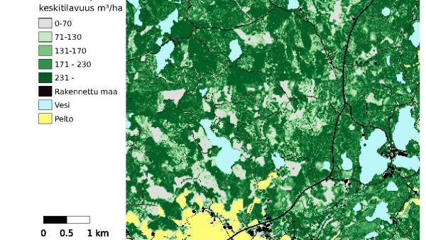 Puuston runkotilavuus (m3/ha) metsätalouden maalla, monilähteinen VMI 2021 ja muut maaluokat. Sisältää aineistoa Maanmittauslaitoksen Maastotietokannasta 03/2022. (Lähde: Luke)