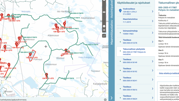 Kun näkee näpyttelyn vaivan, niin kiinteistörekisterin kartasta saa esille paljon tietoa. Tässä näkymässä punaisella merkityt palstat muodostavat tilan, jolla on käyttöoikeus vihreään viivaan eli tiekunnalliseen metsätiehen - ja myös velvollisuus osallistua ylläpitokustannuksiin.