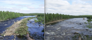 Ennen ja jälkeen. Metsähallitus täytti Kostonjoen Ylä-Siikakoskella vanhan uittorännin vuonna 2007, jolloin joki levisi alkuperäiseen leveyteensä. Kuva: Eero Moilanen / Pohjois-Pohjanmaan ympäristökeskus