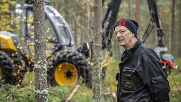 Raimo Kaakinenharventaa omien metsiensä lisäksi myös naapurien metsiä, joten vanhalle Sampo-harvesterille riittää töitä koko talvikaudeksi.(Kuvaaja: Sami Säily)