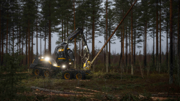 Jani Vesala korjasi päätehakkuuta Utajärvellä joulukuun alun aamunkajossa. (Kuva: Antti J. Leinonen)