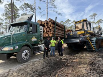 Finnharvest aloitti Amerikan valloituksensa floridalaisessa mäntymetsässä. Vasemmalla Eino Piironen, oikeanpuolimaisena Finnharvest Incin varatoimitusjohtaja Jussi Koljonen. (Kuvaaja: Eino Piironen)