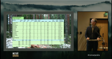 Metsätilakaupan asiantuntija Hannu Liljeroos arvioi esityksessään markkinoiden kehitystä Metsälehden Metsät ja raha -tapahtumassa.